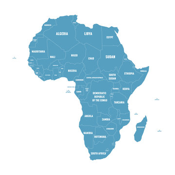 Simple flat blue map of Africa continent with national borders and country name labels on white background. Vector illustration.