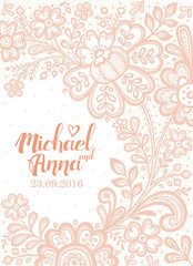 Fototapeta na wymiar Greeting card with flower lace white on a pink background and place for your text. Vector illustration with beautiful lace flowers.