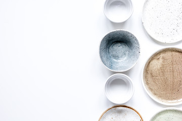 ceramic tableware top view on white background mock up