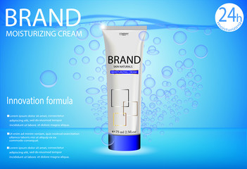 eps 10 vector advertising poster of revolutionary formula moisturizing cream with water air bubbles effect backdrop. Realistic brand cosmetic tube package, cosmetic advertising banner for web, print