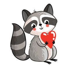 Isolated raccoon holding in the hands of the heart. Perfect for greeting cards for Valentines Day. cute raccoon on a white background.
