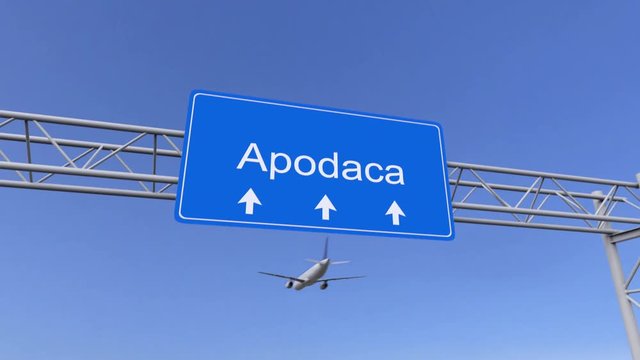 Commercial airplane arriving to Apodaca airport. Travelling to Mexico conceptual 4K animation
