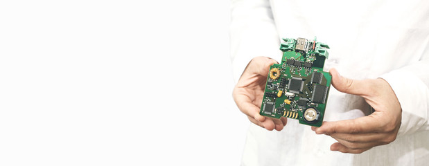 The concept of high computer technologies and innovations. Conceptual image. Technician holding...