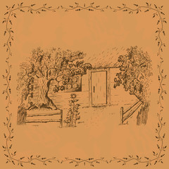Vintage card template with cottage