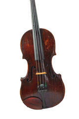 Fototapeta na wymiar one violin image .old brown stringed wooden instrument isolated on the white background
