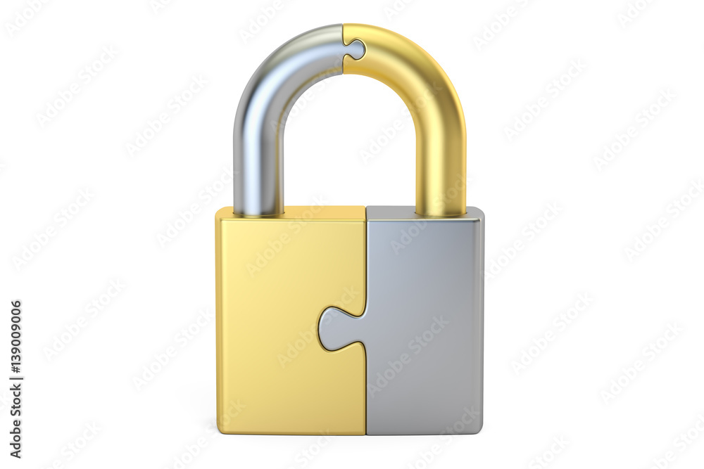Poster security and safety concept. padlock from puzzle, 3d rendering