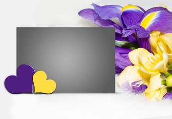 Mother's day illustration, card with colorful yellow, purple spring flowers, iris and freesia, two hearts and space for text, message on paper, on white background 