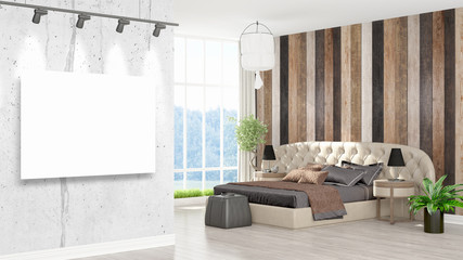 Modern interior with empty frame . 3D rendering