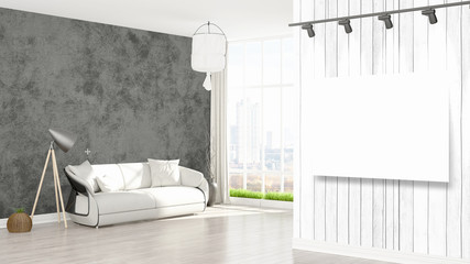 Modern interior with empty frame . 3D rendering
