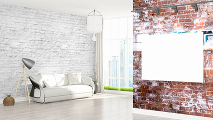 Modern interior with empty frame . 3D rendering