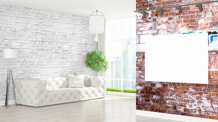 Modern interior with empty frame . 3D rendering