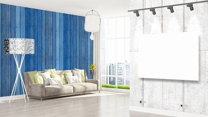 Modern interior with empty frame . 3D rendering