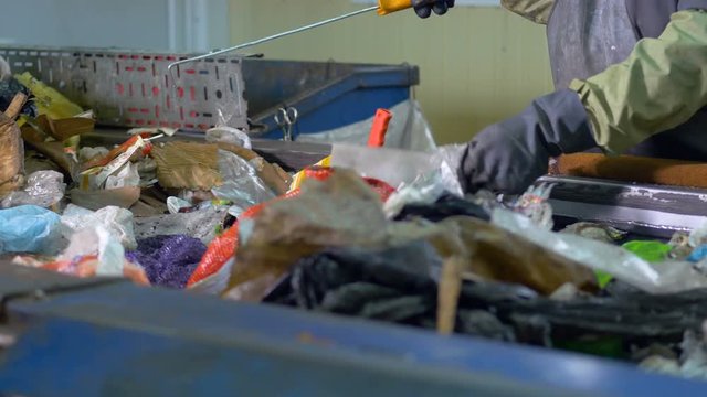 Waste recycling plant. Workers sorting garbage for recycling. 4K.