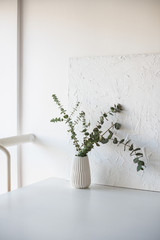 Branches in vase on table in white room