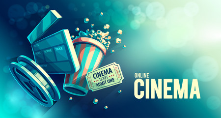 Online cinema art movie watching with popcorn and film-strip