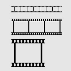eps 10 vector vintage film strip frames set isolated on gray background. 35 mm width perforated emplty editable film, add any text, image. Profesional cinematorgrafy tool. Small format photos film