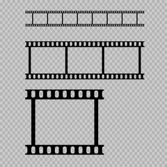 eps 10 vector vintage film strip frames set isolated on transparent background. 35 mm width perforated emplty editable film, add any text, image. Profesional cinematorgrafy tool. Small format photos