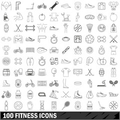 Fototapeta na wymiar 100 fitness icons set, outline style