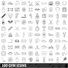 100 gym icons set, outline style