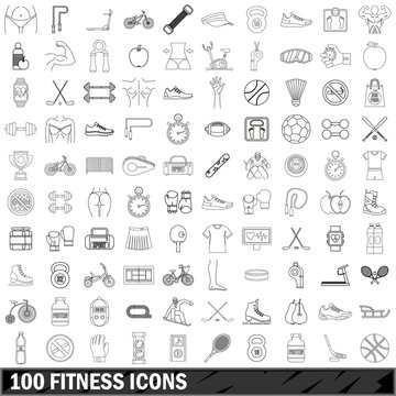 100 fitness icons set, outline style