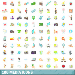 100 media icons set, cartoon style