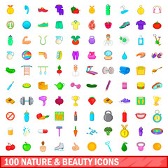 Fototapeta premium 100 nature and beauty icons set, cartoon style
