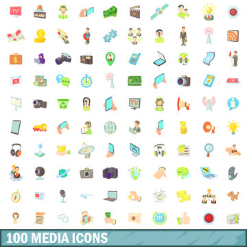 100 media icons set, cartoon style