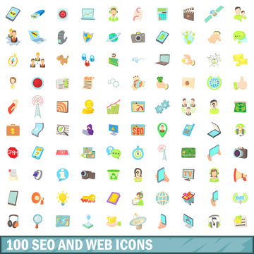 100 seo and web icons set, cartoon style