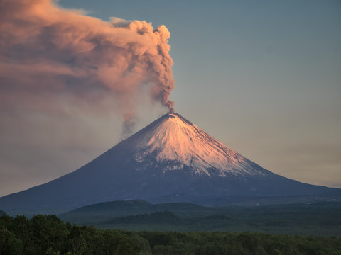 Volcano eruption. Russia,Kamchatka Peninsula. Village Klyuchi. 06.07.2016..The volcano of Klyuchevskaya sopka. (4800 m) is the highest active volcano of Eurasia.