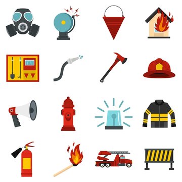 Fireman tools set flat icons