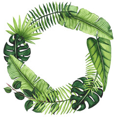 Exotic Wreath with Bright Watercolor Tropical Leaves