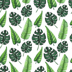 Seamless Pattern of Watrecolor Green Palm Leaves