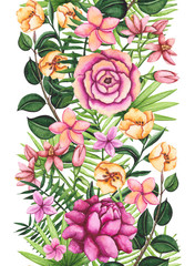Seamless Border of Watercolor Leaves and Tropical Flowers