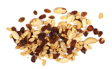 Healthy food, pile of mixed nuts, cashews, peanuts, hazelnut, raisins, brazilian nut, almond, isolated on white