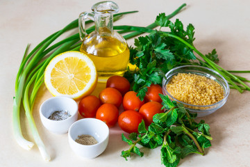 Ingredients for Tabbouleh green salad. Healthy food and vegetarian