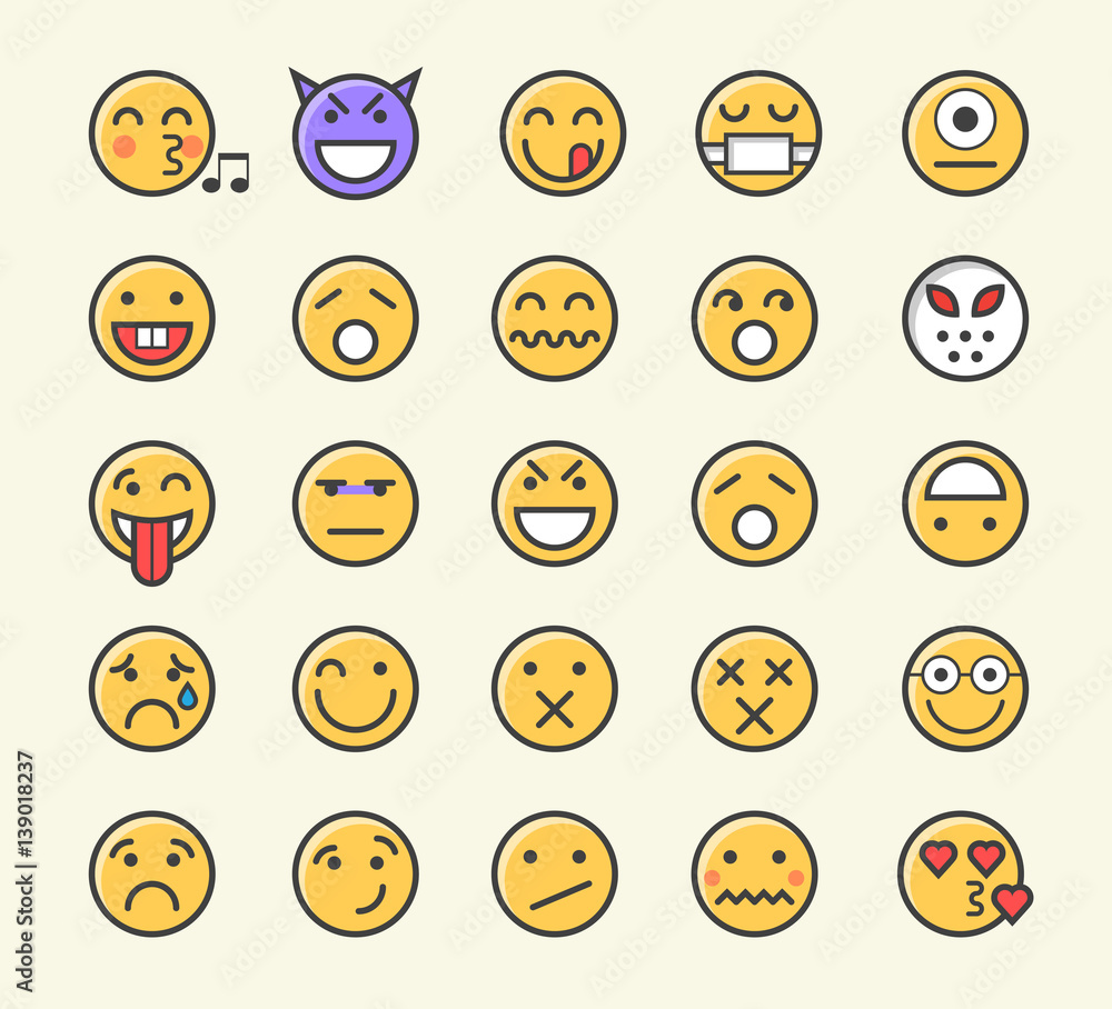 Aufkleber set of 25 minimalistic solid line coloured emoticons . isolated vector elements