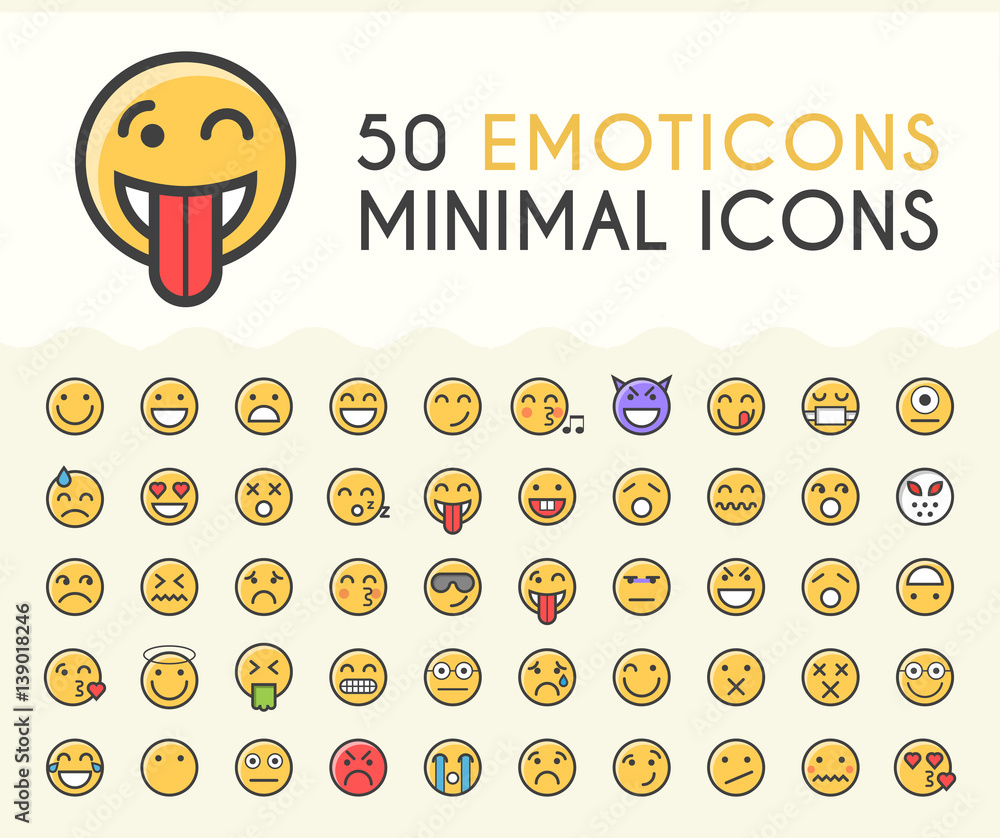Poster set of 50 minimalistic solid line coloured emoticons . isolated vector elements