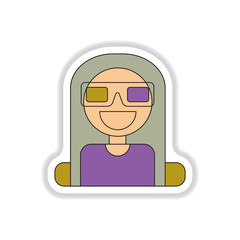 Vector illustration in paper sticker style girl at the Cinema theater in 3D glasses