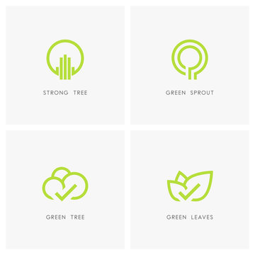 Nature logo set. Green tree and leaves with check mark, sprout symbol - ecology and environment icons.