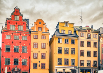Fototapeta na wymiar Buildings on Big Square (Stortorget) in the Old Town (Gamla Stan) of Stockholm, Sweden