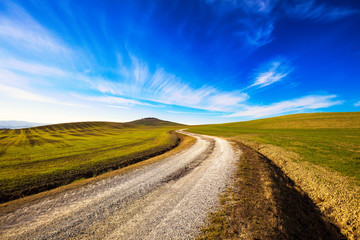Fototapeta na wymiar Tuscany countryside, road, fieldd and meadow and rolling hills. Italy