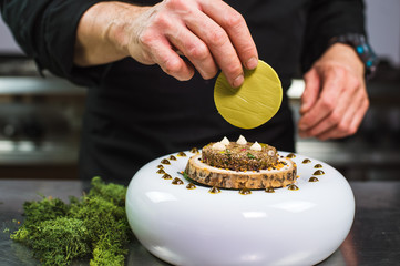 Close-up of male hands preparing modern molecular dish