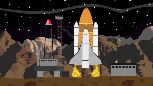 Shuttle Launch from a Space Launching Station at Night