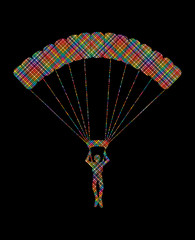 Parachuting silhouette designed using colorful pixels graphic vector