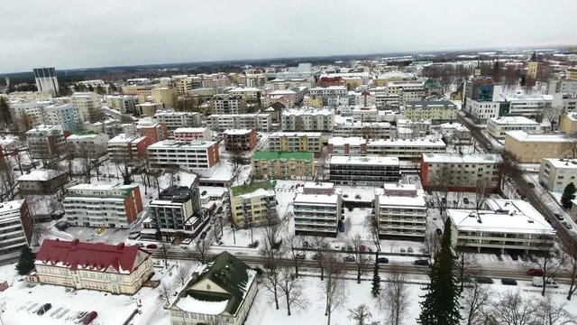 Lappeenranta cityscape with snow covered houses and streets. Finland. Flight from harbor of Saima lake
