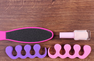 Cosmetics and accessories for manicure or pedicure, concept of foot, hand and nail care, copy space for text