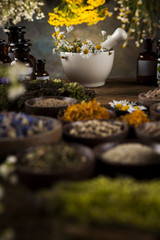 Assorted natural medical herbs and mortar on wooden table background