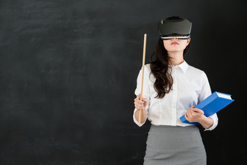 asian woman teacher teach with stick and VR headset