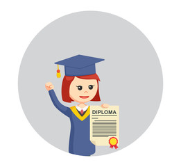 graduate female student showing her diploma in circle background