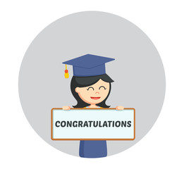 graduate female student with congratulation sign in circle background